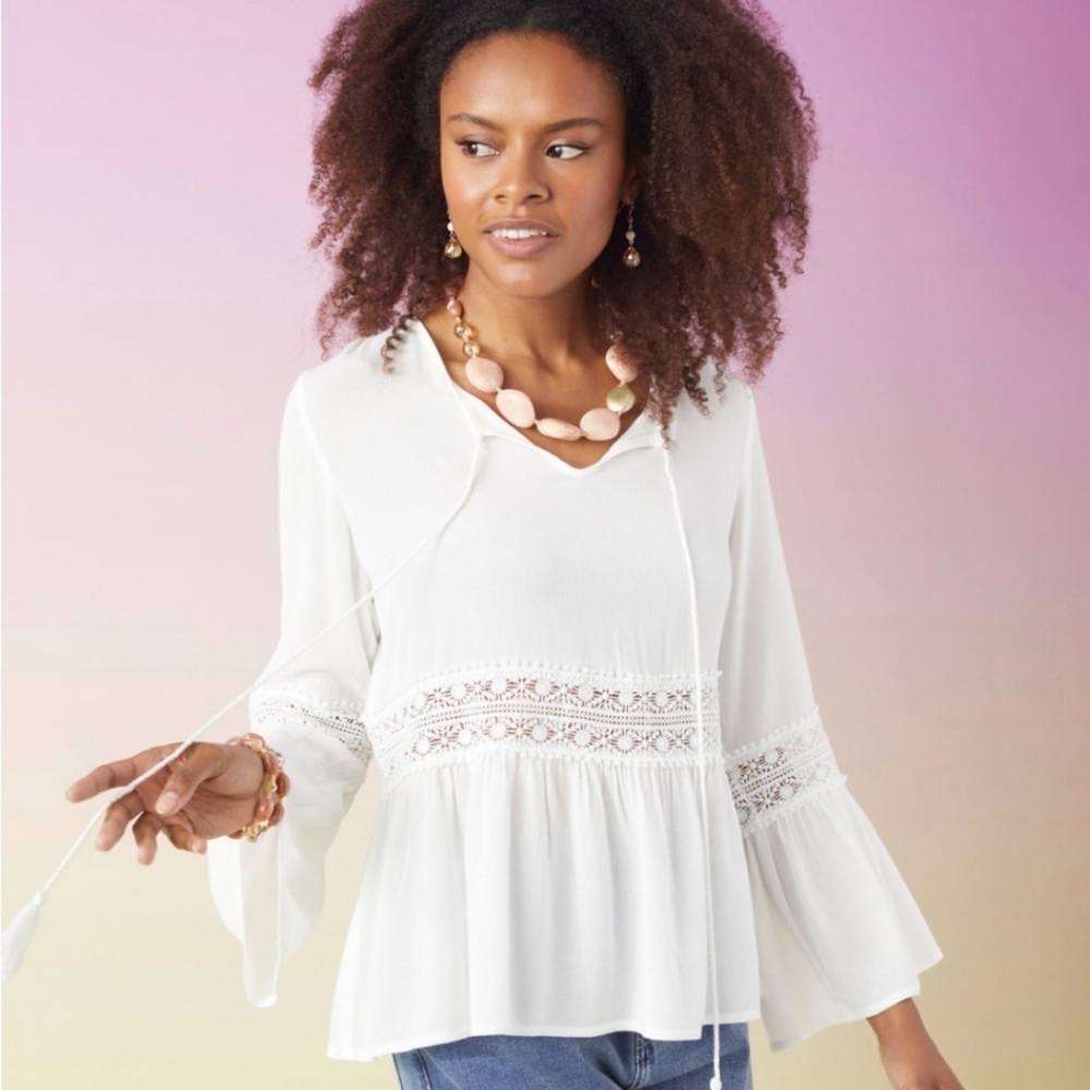 2519078 Kacie Belle Sleeve Elegant White Lace Trim Blouse